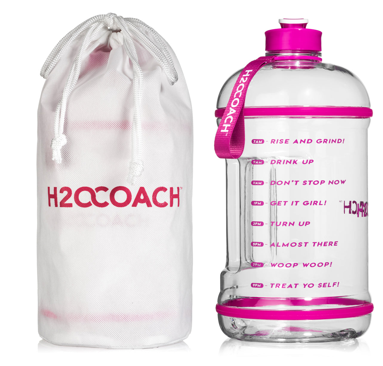 H2OCOACH - Boss Water Bottle - 1 Gallon - Treat Yo Self! - 128 oz - Two Lids - Transparent w. Pink