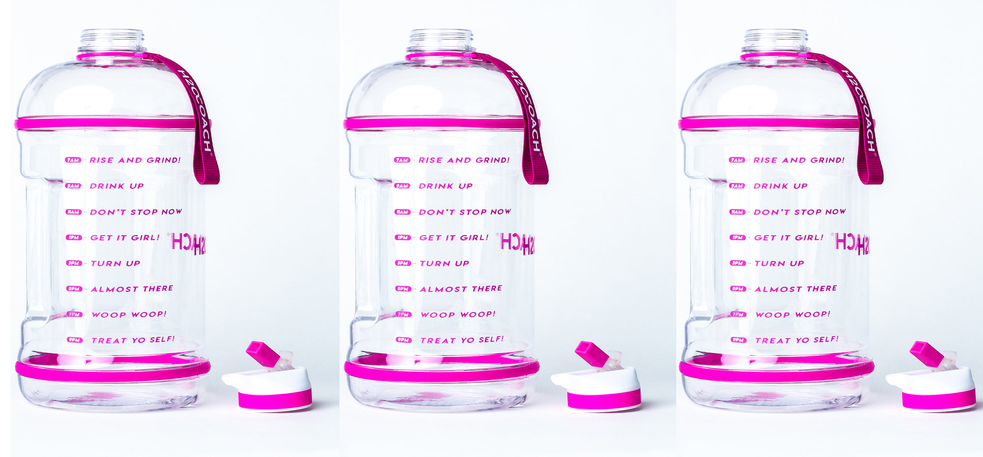 H2OCOACH - Boss Water Bottle - 1 Gallon - Treat Yo Self! - Straw - 128 oz - Two Lids - Transparent w. Pink
