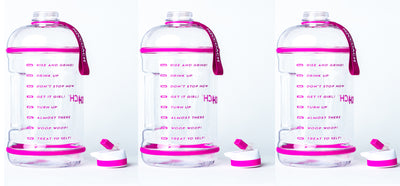 H2OCOACH - Boss Water Bottle - 1 Gallon - Treat Yo Self! - Straw - 128 oz - Two Lids - Transparent w. Pink