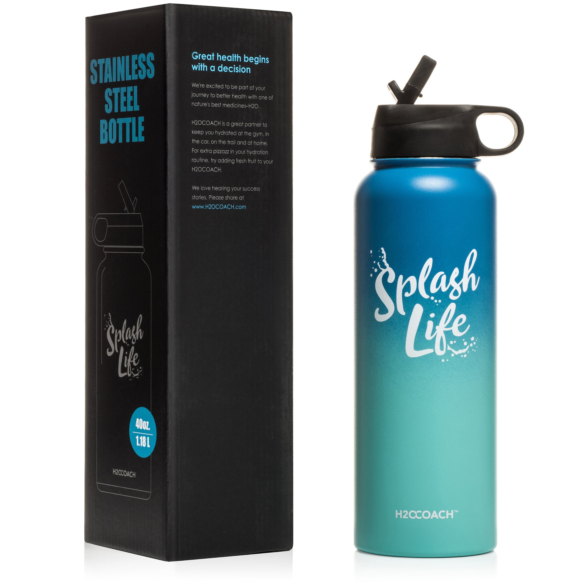 H2OCOACH - Splash Life -  Stainless Steel Water Bottle 40 oz Compact 1.8 Liter