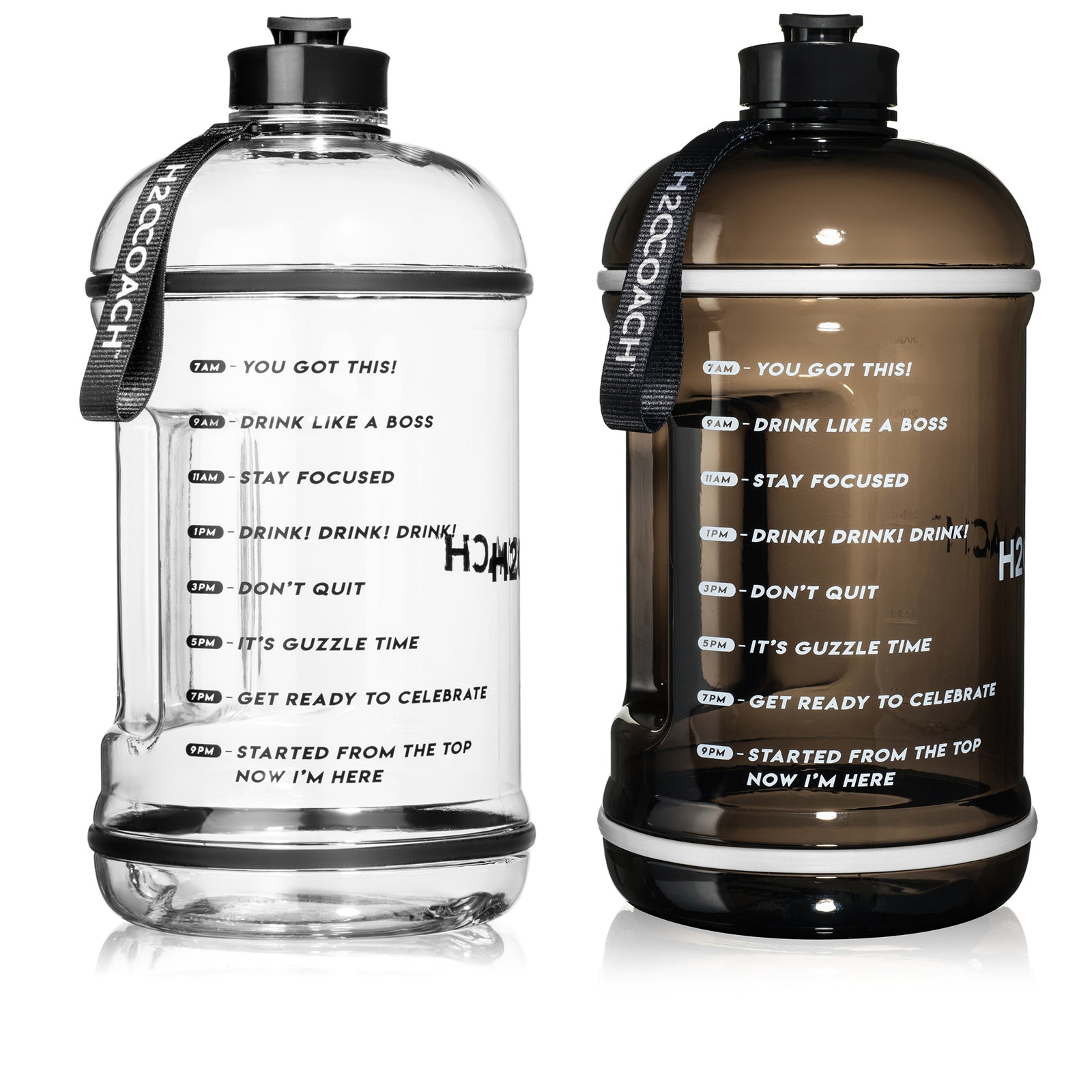H2OCOACH One Gallon Water Bottle Set - BPA Free - 128 oz -Transparent w. Black & Black