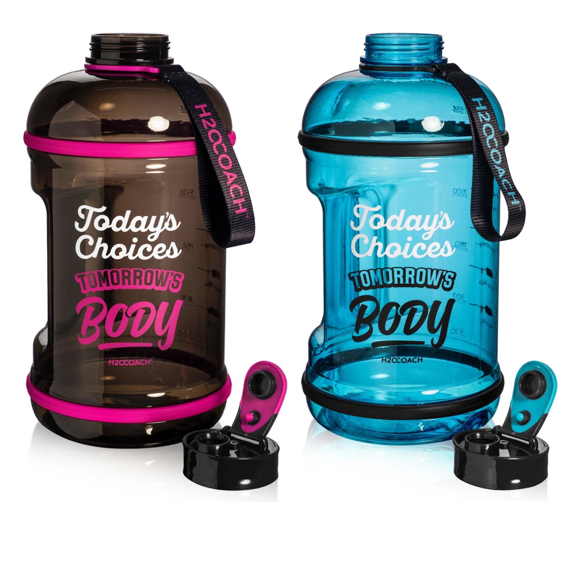 H2OCOACH - Today's Choices - Tomorrow's Body Half Gallon Water Bottle Set -  Black/Pink & Blue - 2 Quantity