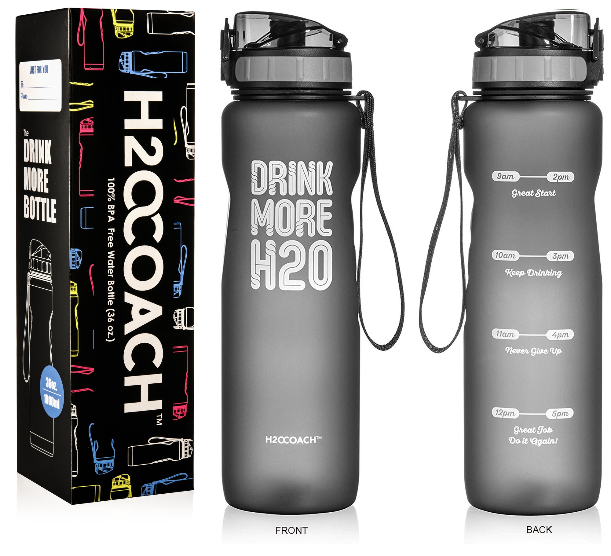 H2OCOACH - Drink More H2O Water Bottle - 36 oz. Compact with Fruit Infuser Filter