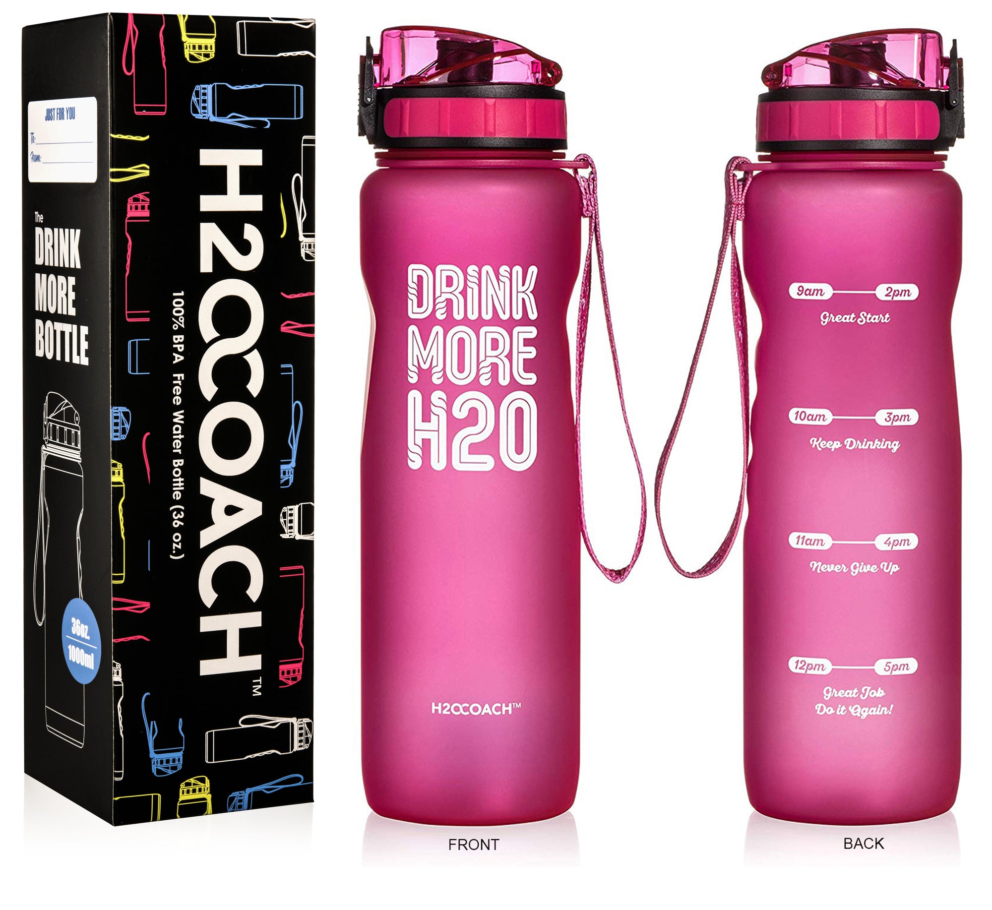 H2OCOACH - Drink More H2O Water Bottle - 36 oz. Compact with Fruit Infuser Filter