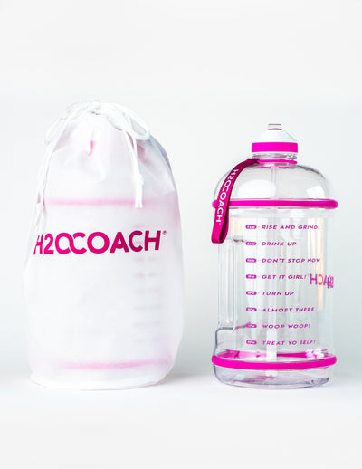 H2OCOACH - Boss Water Bottle - 1 Gallon - Treat Yo Self! - Straw - 128 oz - Two Lids - Transparent w. Pink