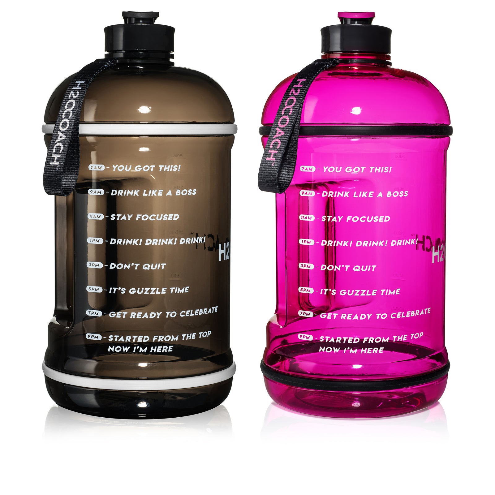 H2OCOACH One Gallon Water Bottle Set - BPA Free - 128 oz - Black & Pink