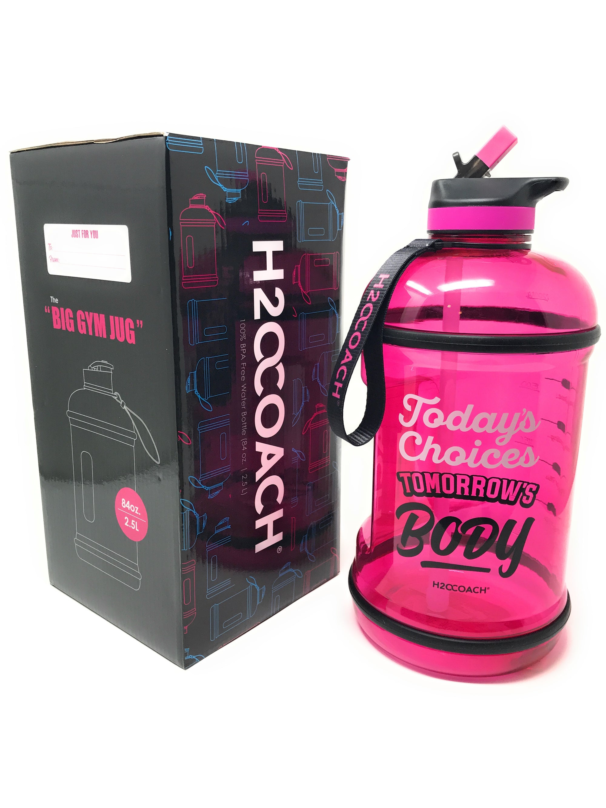 H2OCOACH - Today's Choices - Tomorrow's Body Half Gallon Water Bottle - w. Straw - 85 oz - Pink