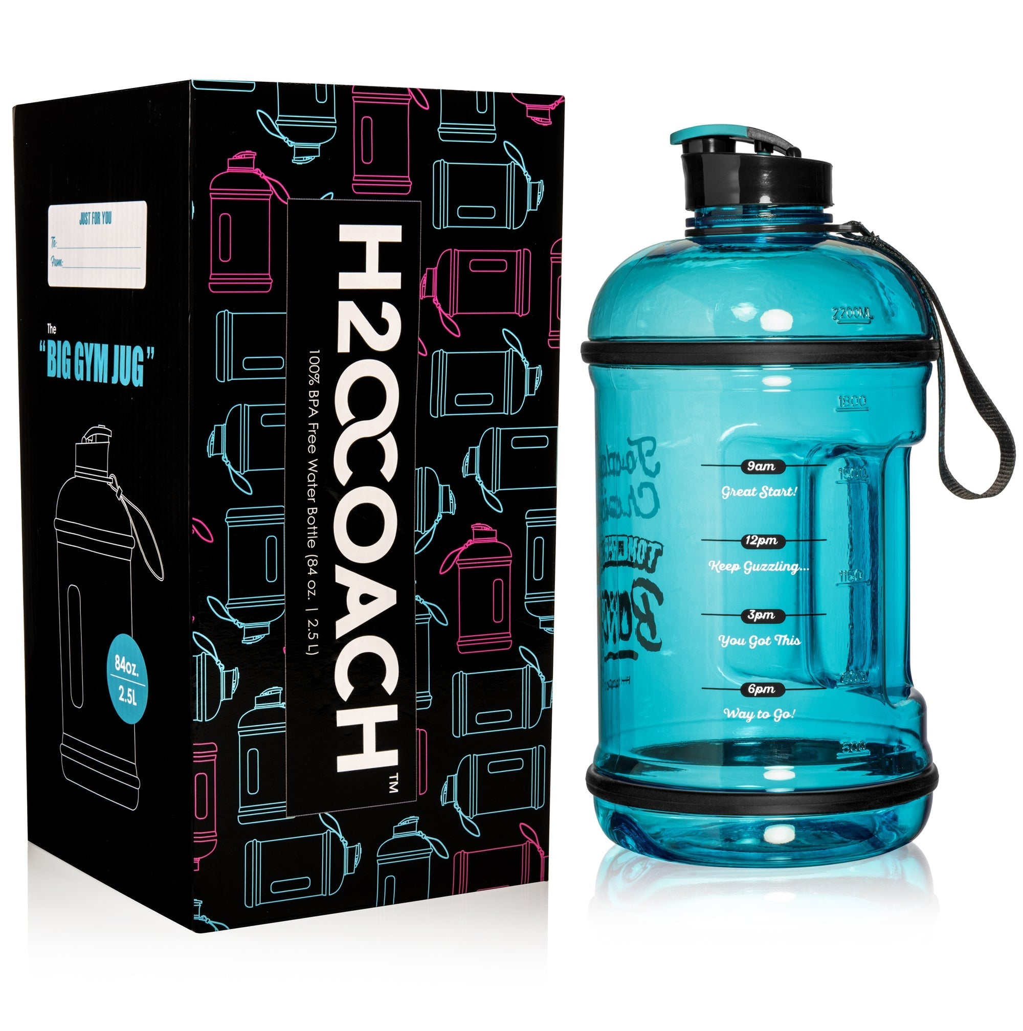 H2OCOACH One Gallon Water Bottle and Half Gallon Set - Transparent w. Black & Blue -2 Quantity
